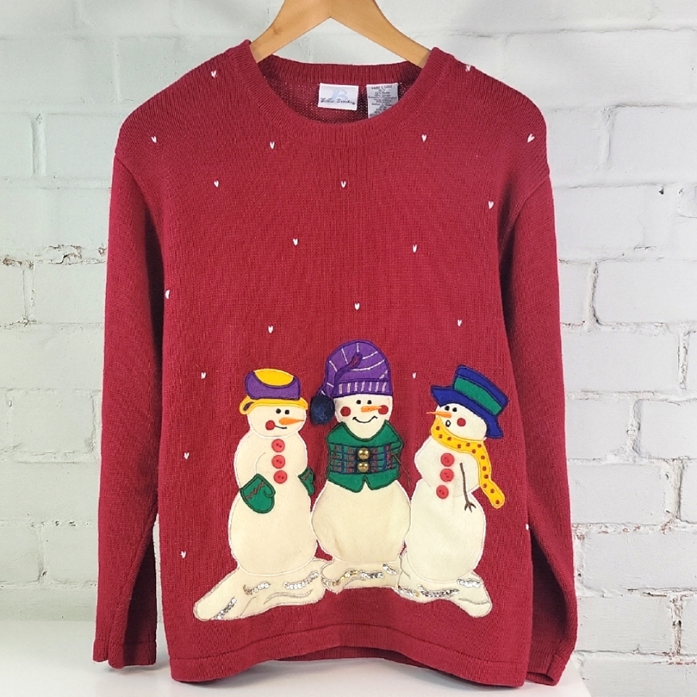 Bobbie Brooks Vintage 90s Red Knit Snowman Sweater Sweater Large Womens Holiday